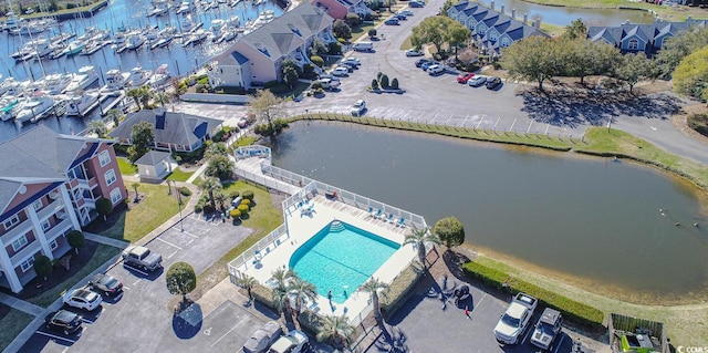 drone / aerial view featuring a water view