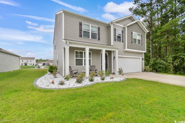 view of front of house with a garage, a front yard, and a porch