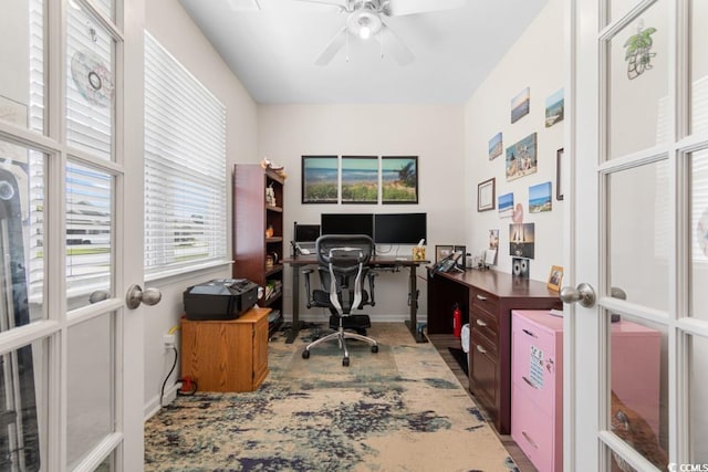 office area with french doors and ceiling fan