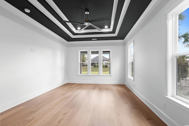 empty room featuring crown molding, a tray ceiling, a wealth of natural light, and light wood-type flooring