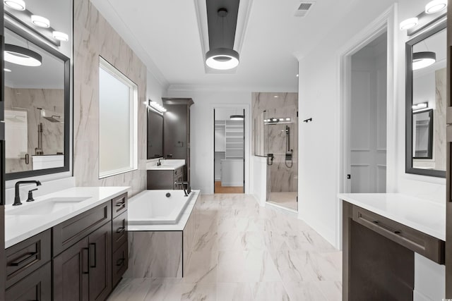 bathroom featuring crown molding, vanity, and independent shower and bath