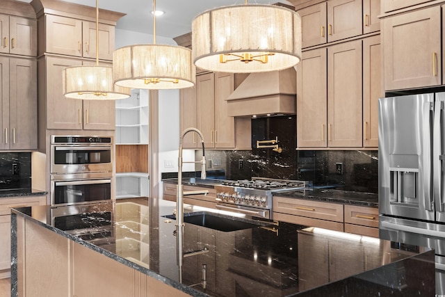 kitchen with custom exhaust hood, decorative light fixtures, dark stone countertops, stainless steel appliances, and decorative backsplash