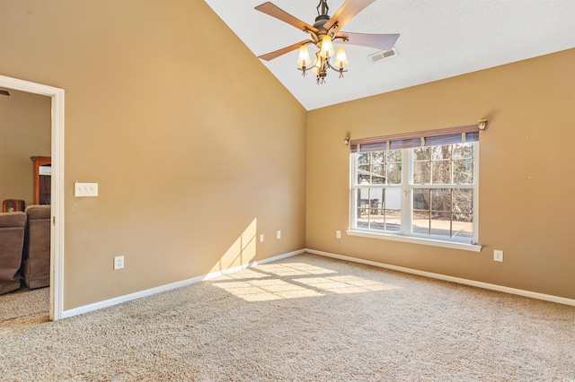 unfurnished room featuring vaulted ceiling, light carpet, and ceiling fan