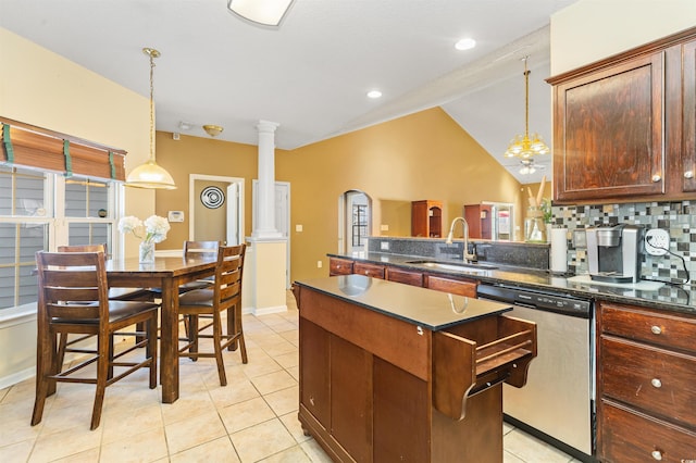 kitchen with sink, ornate columns, a center island, dishwasher, and pendant lighting