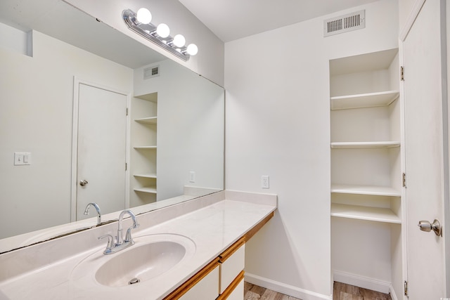 bathroom with vanity and hardwood / wood-style floors