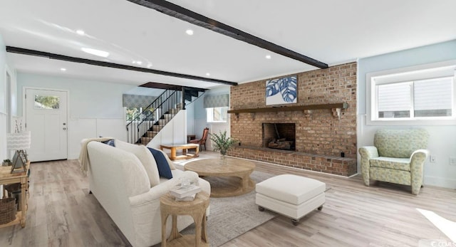 3545 Marion Ln, Murrells Inlet, SC 29576 - living area featuring beamed ceiling, stairway, wood finished floors, a brick fireplace, and recessed lighting