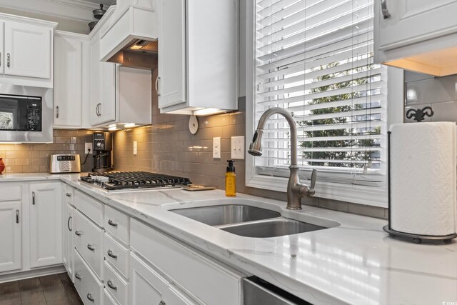 kitchen featuring premium range hood, sink, white cabinetry, appliances with stainless steel finishes, and decorative backsplash