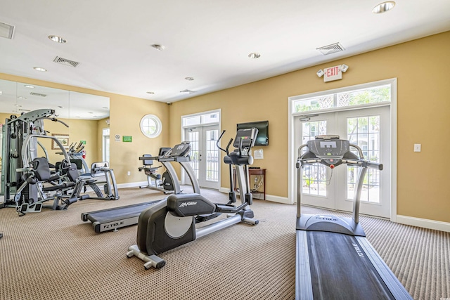 workout area featuring french doors