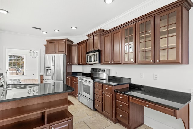 kitchen with sink, crown molding, light tile patterned floors, stainless steel appliances, and dark brown cabinetry