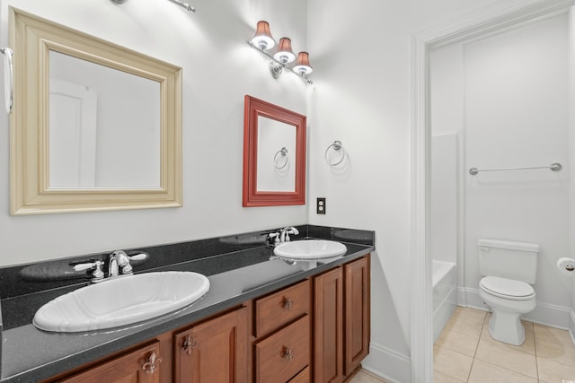 full bathroom with tile patterned floors, toilet, tub / shower combination, and vanity