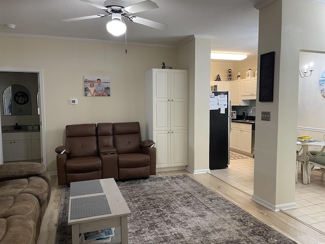 9764 Leyland Dr Unit 7, Myrtle Beach, SC 29572 - living room with crown molding, a ceiling fan, light wood-type flooring, and baseboards