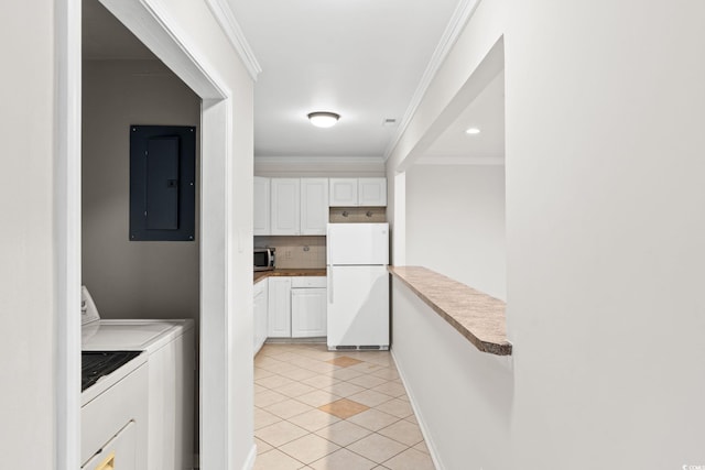 112 Staton Ln, Longs, SC 29568 - laundry room with electric panel, washing machine and dryer, crown molding, and light tile patterned flooring