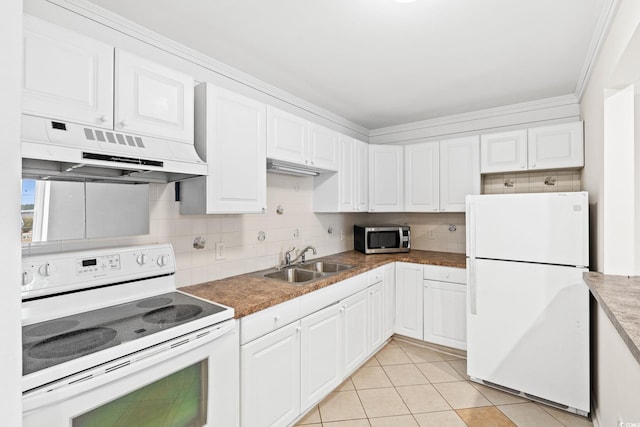 112 Staton Ln, Longs, SC 29568 - kitchen with white appliances, under cabinet range hood, white cabinets, tasteful backsplash, and crown molding