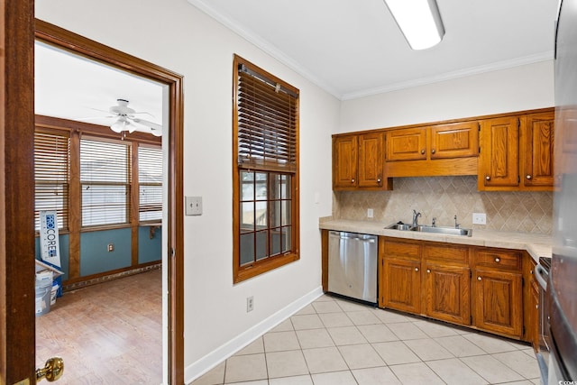112 Staton Ln, Longs, SC 29568 - kitchen featuring stainless steel dishwasher, ornamental molding, tasteful backsplash, a ceiling fan, and light countertops