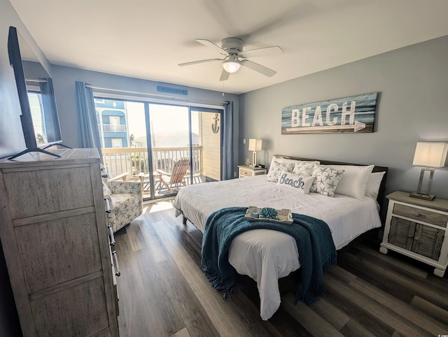 bedroom featuring access to exterior, dark wood-type flooring, and ceiling fan