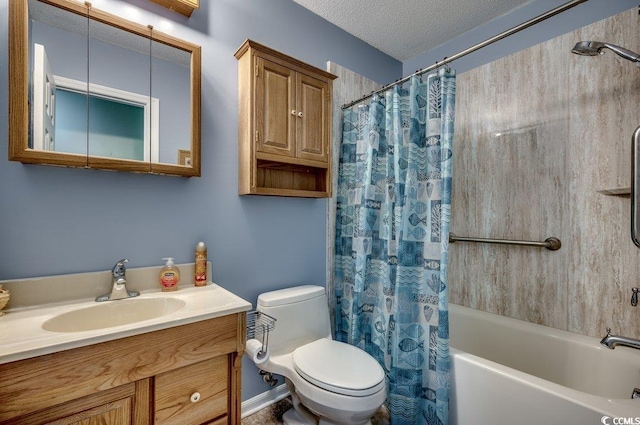 full bathroom with vanity, toilet, shower / tub combo, and a textured ceiling