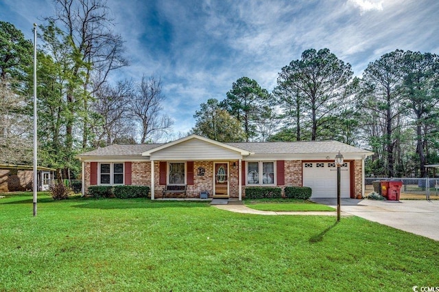 ranch-style house with a garage and a front lawn