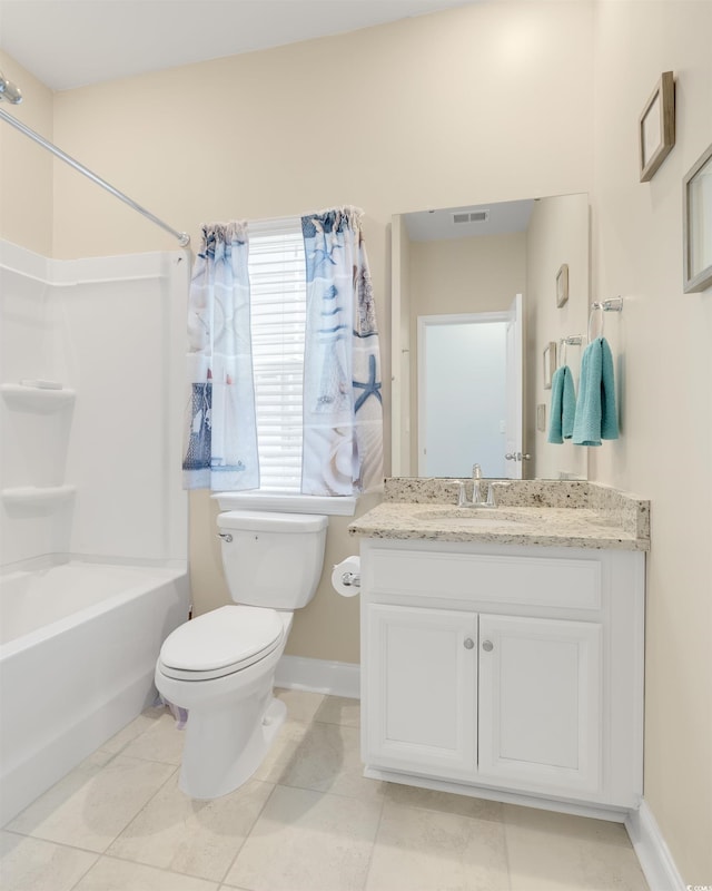 full bathroom featuring shower / tub combination, vanity, and toilet