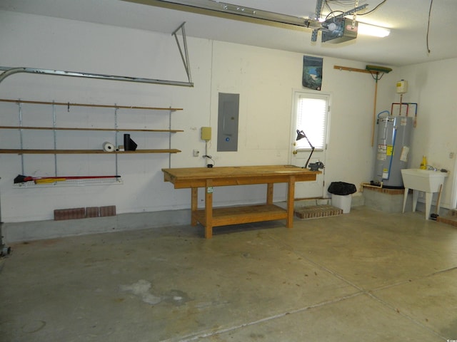 garage featuring a garage door opener, electric water heater, sink, and electric panel