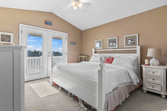 bedroom with french doors, carpet flooring, vaulted ceiling, ceiling fan, and access to outside