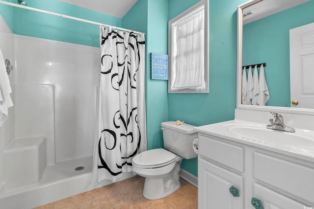 bathroom featuring curtained shower, tile patterned flooring, toilet, visible vents, and vanity