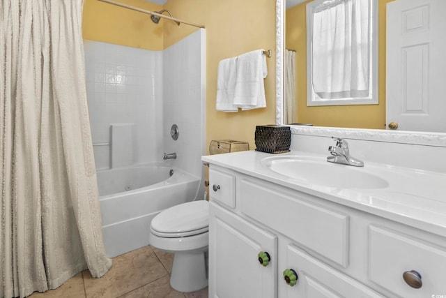 bathroom featuring toilet, tile patterned flooring, shower / bathtub combination with curtain, and vanity