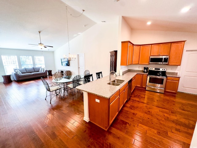 kitchen featuring stainless steel appliances, sink, dark hardwood / wood-style flooring, and kitchen peninsula