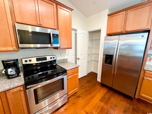 kitchen with light stone counters, stainless steel appliances, and dark hardwood / wood-style flooring