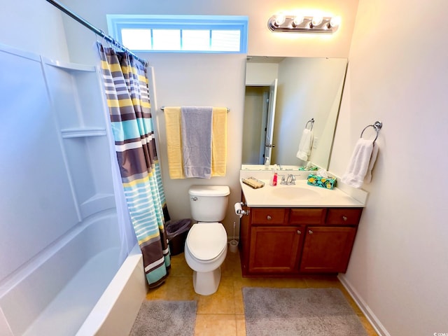 full bathroom with vanity, tile patterned floors, toilet, and shower / bath combo with shower curtain