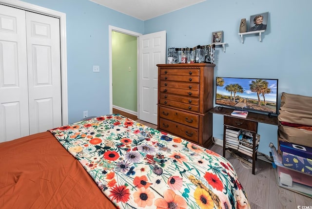 bedroom featuring hardwood / wood-style flooring and a closet