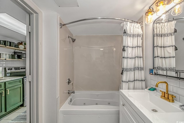 bathroom featuring vanity, decorative backsplash, and shower / bath combination with curtain