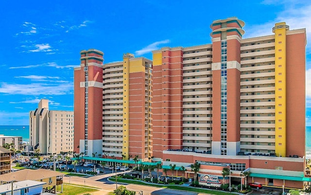 view of building exterior featuring a water view