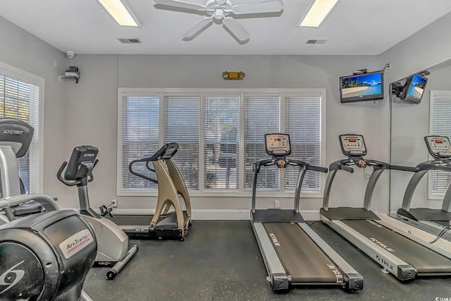 gym with baseboards, visible vents, and ceiling fan