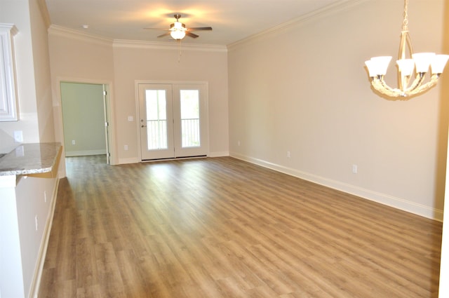 81 Delray Dr Unit 2-C, Murrells Inlet, SC 29576 - unfurnished living room with ceiling fan, a chandelier, ornamental molding, light wood-style floors, and baseboards