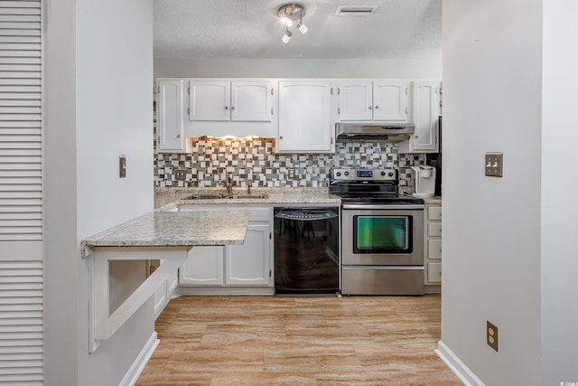 kitchen with electric stove, sink, black dishwasher, white cabinets, and decorative backsplash