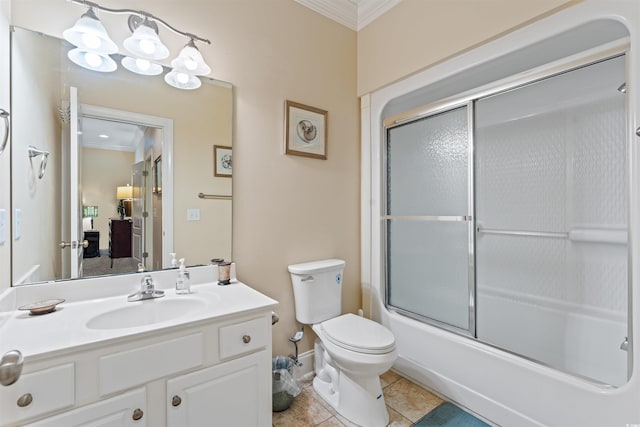 full bathroom featuring shower / bath combination with glass door, tile patterned flooring, vanity, ornamental molding, and toilet