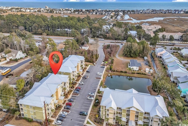 drone / aerial view featuring a water view