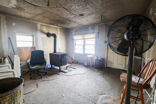 misc room with a wood stove and a healthy amount of sunlight