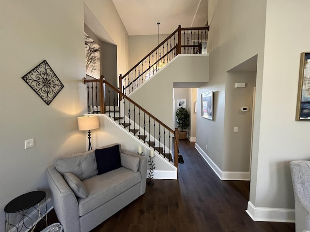 entryway with dark hardwood / wood-style flooring and a high ceiling