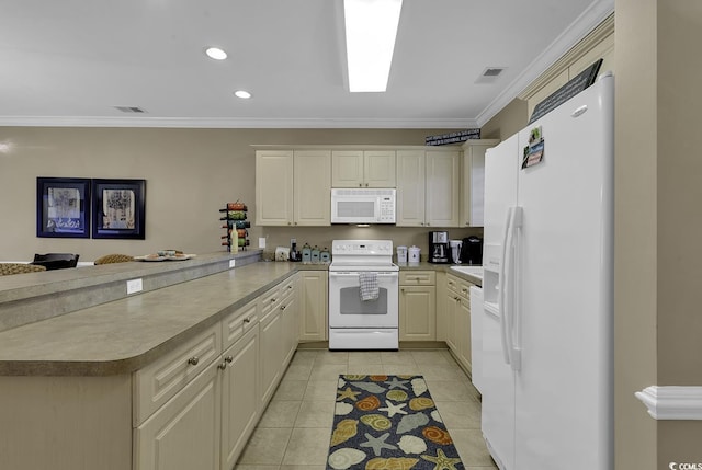 kitchen with ornamental molding, light tile patterned floors, white appliances, and kitchen peninsula