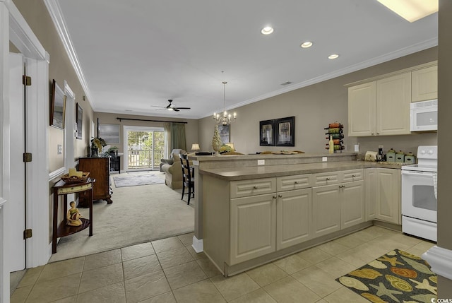 kitchen featuring decorative light fixtures, ornamental molding, light tile patterned floors, kitchen peninsula, and white appliances