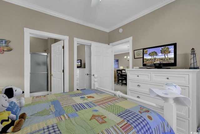 bedroom with an inviting chandelier and ornamental molding