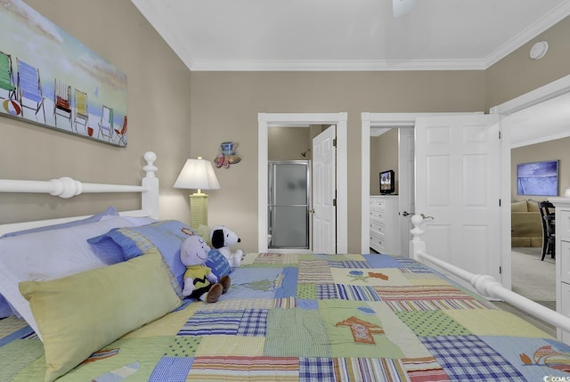 bedroom featuring light colored carpet, ornamental molding, and ensuite bath