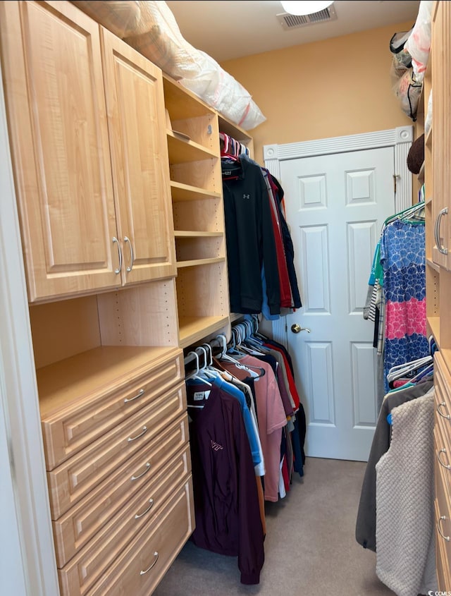 spacious closet featuring light carpet