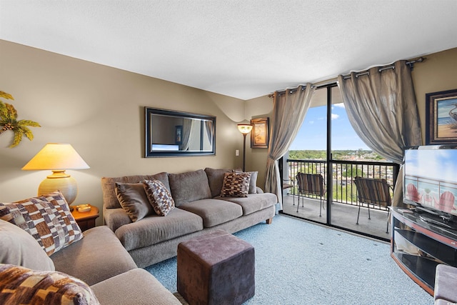 carpeted living room featuring a textured ceiling