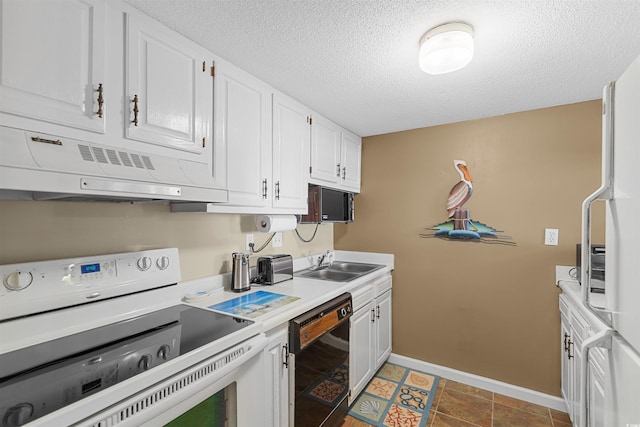 kitchen with white appliances, sink, a textured ceiling, and white cabinets