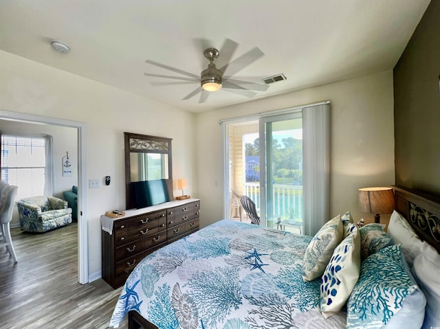 bedroom with ceiling fan, access to exterior, and light hardwood / wood-style floors