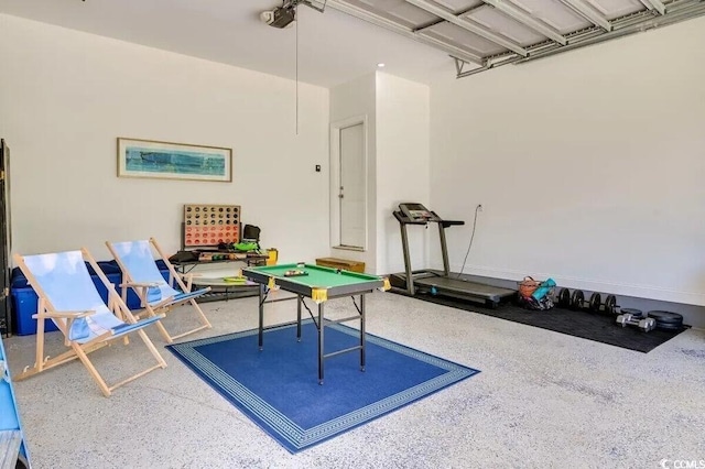 recreation room featuring speckled floor