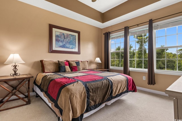 bedroom with light colored carpet