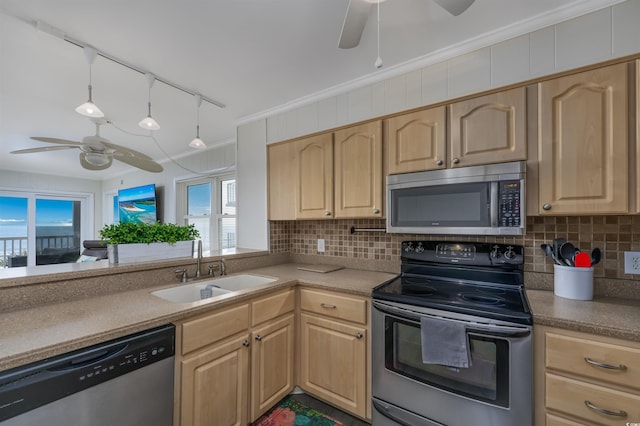 kitchen with crown molding, stainless steel appliances, sink, and light brown cabinets